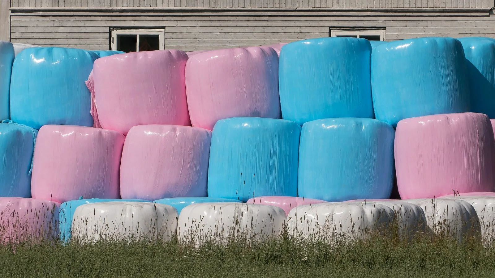 Stapel med plastade balar i rosa och blått